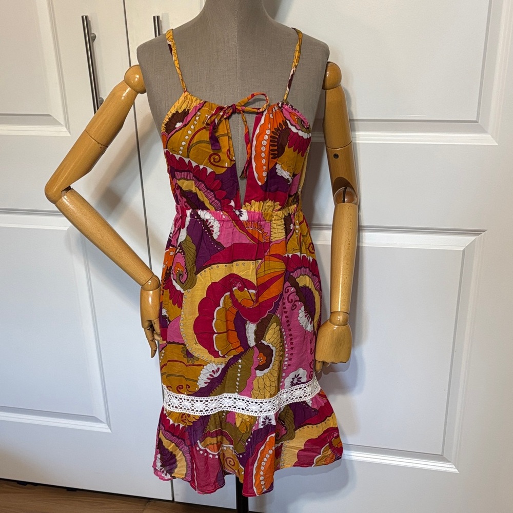 Trina Turk Vibrant Floral Retro Halter Mini Dress Cover Up Pink Orange Yellow M